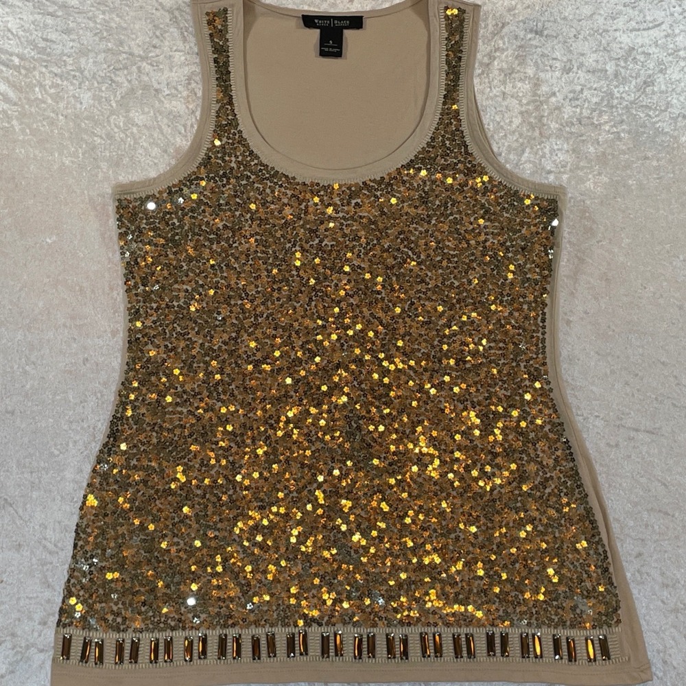 White House Black Market Sequin Tank Women S Gold Excellent Beaded Hem Scoop